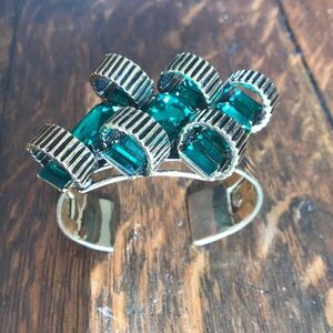 J.Crew Festive Holiday Cuff Bracelet with Green Rhinestones & Ribbon Curls